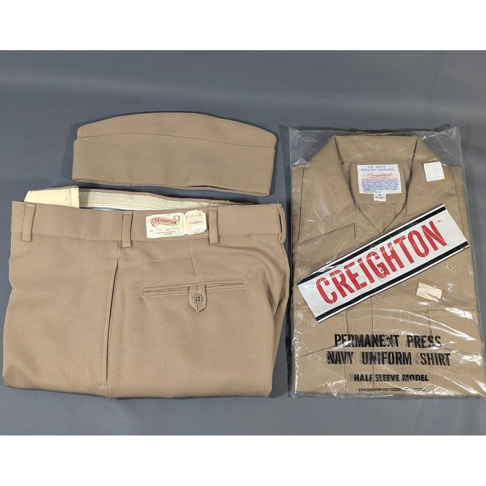 Vintage US Navy Creighton Uniform Set Khaki Shirt Pants Garrison Cap New 32 14.5
